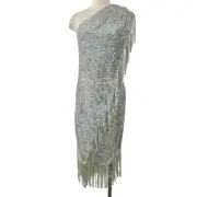Badgley Mischka Fringed Sequin One-Shoulder Dress Silver Metallic | 8 NWT