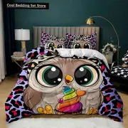 v1054 Bed Sheets Owl Duvet Cover Set Cute Owl and Stars Decor Comforter Cover Outer Space bedding Set Kids Cute Animal Polyester Qulit Cover 3-Piece B