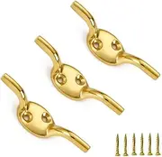 TERF® Heavy Duty Solid Brass Rope Cord Cleat Hooks 75mm [ 3'' ] Washing Line Blind Curtain Ship Flagpole Cord Rope Cleat Hooks with Fixing Screw and Multi Purpose Use - Pack of 3