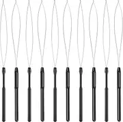 10 Pieces Hair Extension Loop Needle Threader Pulling Hook Tool and Bead Device Tool Black Loop Threader for Hair or Feather Extensions (Black)