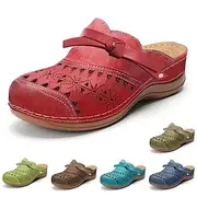 Women's Red Faux Leather Clogs – Vintage Style Slip-On Shoes with Laser-Cut Floral Design and Comfortable Cushioned Sole for Casual Everyday Wear