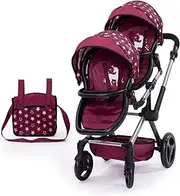 Bayer Design 26723AA Twin Dolls pram, Carriage, Adjustable Handle, Foldable, Bag, Bordeaux, Pink, Stars