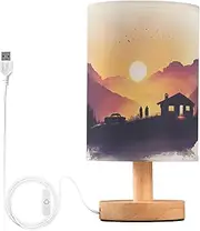 [ZRYSMY] Landscape Sunset Moutains Table Lamp with USB Port for Living Room Nightstand Lamp with Linen Fabric Shade Small Bedside Lamps for Bedroom, Dorm, Office (LED Bulb Included)