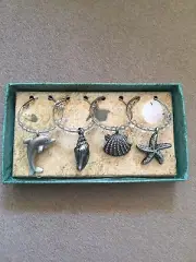 Beach Themed Wine Charm Set of 4 Silver Charms Glass Marker Shells Wedding Favor