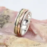 Solid 925 Sterling Silver Spinner Ring Copper & Brass Fidget Meditation For Her