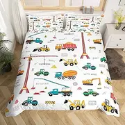 Cartoon Car King Size Duvet Cover Sets for Kids, Truck Bedding for Teenage Boy, Construction Excavator Tractor Quilt Cover, Heavy Machinery Digger Mixer Bedding Set for Children, 2 Pillowcases