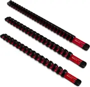 Socket Organizer Set (3Pc, Red) - Socket Holder and Socket Rail for 1/2-Inch, 3/