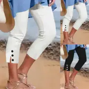 Womens Leggings Summer Button Split Stretch Capri 3/4 Length Pants Trousers SIZE