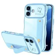 for Case for Women Girls with Strap, Wave Frame Cute iPhone 16 Plus Baby Blue