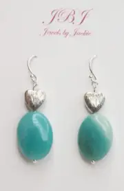 Amazonite Blue 13 x 18mm Oval Gemstone .925 Sterling Silver Earrings 1.50" Heart