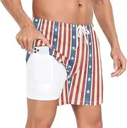 [GuoChe] Beach Shorts for Men Men 2In1 Workout Running Shorts Retro Stars Stripes Red Blue with Compression Liner and Pockets