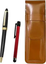 Slim Cowhide Leather Pen Case Brown Metal Touch Stick Red and Neo D-600 Ballpoint Pen Set Black ASC-ALR-600B-B