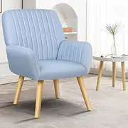 ALFORDSON Wooden Armchair Lina Series High Back Accent Chair with Armrest & Solid Wood Leg, Linen Fabric Upholstery Lounge Sofa for Reading Bedroom Living Room, 180KG Capacity, Blue