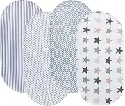 Bassinet Sheets for Baby Boy and Girl, Stretchy Breathable Fitted Sheet Universal for Bassinet Cradle Hourglass Oval Rectangle Pad/Mattress, 4 Pack Stripes Dots Chevrons and Stars ﻿