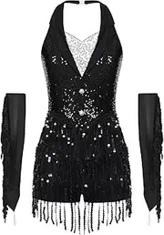 [Jugaoge] Womens Sparkly Sequin Rumba Latin Jazz Dance Costume Sleeveless Tassel Leotard with Fringe Gloves