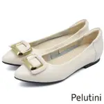 【PELUTINI】尖頭金屬方形釦飾平底淑女包鞋 白色(431107W-IV)