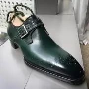 Classic Green Leather Monk Strap Dress Shoes Handmade