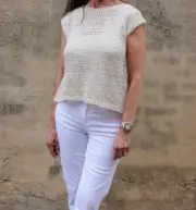 New NWT $238 Eileen Fisher Crochet Split Back Top in Bone Jewel Neck Small Tan