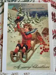 vintage Christmas postcard winter snow sledding trumpet apples reproduced