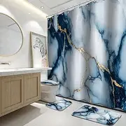 Lnond 4Pcs Marble Bathroom Sets with Shower Curtain and Rugs,Navy Blue Gold Marble Modern Art Bathroom Shower Curtain Sets with Rugs and Accessories