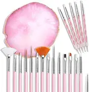 21 Pcs Nail Art Brushes Nail Art Tool Set Resin Palette Nail Art Painting Mixed Color 2 Way Acrylic Silicone Carving Pen Dotting Pen Tool Manicure Kit DIY Makeup Display Board for Home Salon, Pink