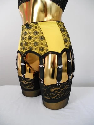 XL 14 Strap Yellow Lycra Black Lace Designer Retro Burlesque Sexy Suspender Belt