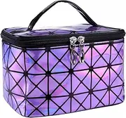 Makeup Bag, Fashion Holographic Cosmetic Case Train Travel Accessories Bag with Mirror, Large Toiletry Bag Makeup Brush Organizer for Women Girls