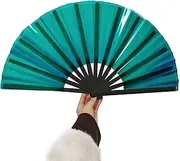 [AMQTSLM] UV Glow Large Rave Bamboo Folding Clack Hand Fan,PVC Rave Hand Fan Large Folding Fans Craft Hand Fans for Men/Women Handheld Fan Dance Fan for EDM,Music Festival,Club,Freaky,Party,Gift (Green)