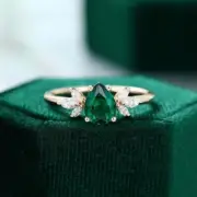 2Ct Pear Cut Simulated Emerald Solitaire & Accent Ring 14K Yellow Gold Finish