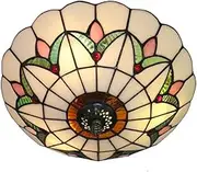 Skyweel Tiffany Style Stained Glass Ceiling Lamp - 16 Inch White Flush Mount Lighting Fixture