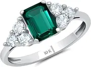 [MAX + STONE] Solid 10K Yellow or White Gold Emerald Cut Created Emerald May Birthstone Ring with Created White Sapphire Accents
