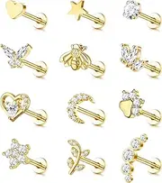 [Sanfenly] 12Pcs 16G Cartilage Tragus Earrings for Women Men Surgical Steel Internally Threaded CZ Moon Heart Star Leaf Nose Labret Monroe Medusa Piercing Stud Tragus Helix Piercing Jewellery