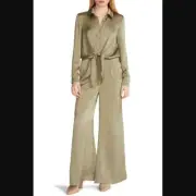 Steve Madden Wide Leg Jumpsuit SZ M Deep Olive Green Satin FrontTie MOB WIFE NWT