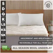 Natural Home All Season Washable Wool Reversible Underlay Mattress Protector