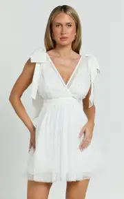 Karalyn Mini Dress - Bow Strap Plunge Pearl Detail Dress in White