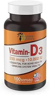 Sunshine Naturals Vitamin D3 Dietary Supplement. Supports Bone Health and Improves Immune System. High Strength Formula. 250 mcg. 100 Softgels