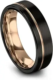[Midnight Rose Collection] Tungsten Wedding Band Ring 7mm for Men Women 18k Rose Yellow Gold Plated Flat Cut Off Set Line Black Brushed Polished