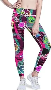 [GuoChe] Sexy Yoga Pants for Women 1970s Disco Retro Grunge Graffiti Sports High Waist Tummy Control Leggings