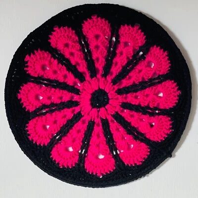 Crochet Mandala Wall Hanging Hot Pink and Black Flower Pattern Handmade 12"