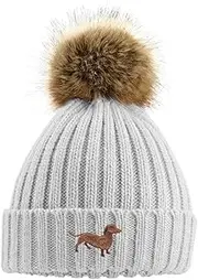 [The House Of Dog] Dachshund Sausage Dog Owner Gift. Faux Fur Pom Pom Chunky Knit Super Soft Unisex Embroidered Beanie Hat
