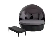 Outdoor Daybed Black 2-in-1 Poly Rattan Sunbed with Canopy