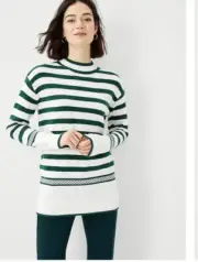 NWT Ann Taylor Mixed Stripe Tunic Sweater - Academic Green/White - Size Small