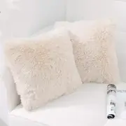 Plush Square Sofa Pillow Cover Fluffy Pillowcase for Couch Living Room Bedroom-Beige