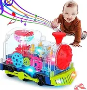 Gear Train Toy Light Up Music Electric Train Toy Transparent Rotating Mechanical Gear Train for Kids Educational Toy Cartoon Train with Flashing Light Sound Music Locomotive Toy