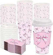JarThenaAMCS 48 Set Pink Bow Disposable Coffee Cups with Lids and Sleeves Watercolor Bow Paper Drinking Cups For Valentine Birthday Wedding Party Supplies