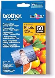 Brother BP71GP50 Photo Paper, 6" x 4", Premium Plus Glossy, 15cm (W) x 10cm (L), 50 Sheets, Brother Genuine Supplies