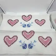 Set 2 Fancy Work Embroidered Pillowcases Red Hearts Blue Arrows Bed Breakfast