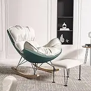 CADYNN Indoor Modern Comfy Sofa Rocking Chair Upholstered Artificial Leather Lounge Chair with Thick Cushion for Reading Napping,Living Room Furniture Chairs(Off-White+Cyan,with Footstool)