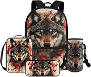 [FOR U DESIGNS] Wolf Backpack and Lunch Box 17 Inch Bookbag for Boys 8-12 Cool 4 Piece School Bag Set with Water Bottle Holder