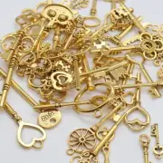 42 Bulk Skeleton Key Charms Steampunk Pendants Antiqued Gold Wholesale Set Mix